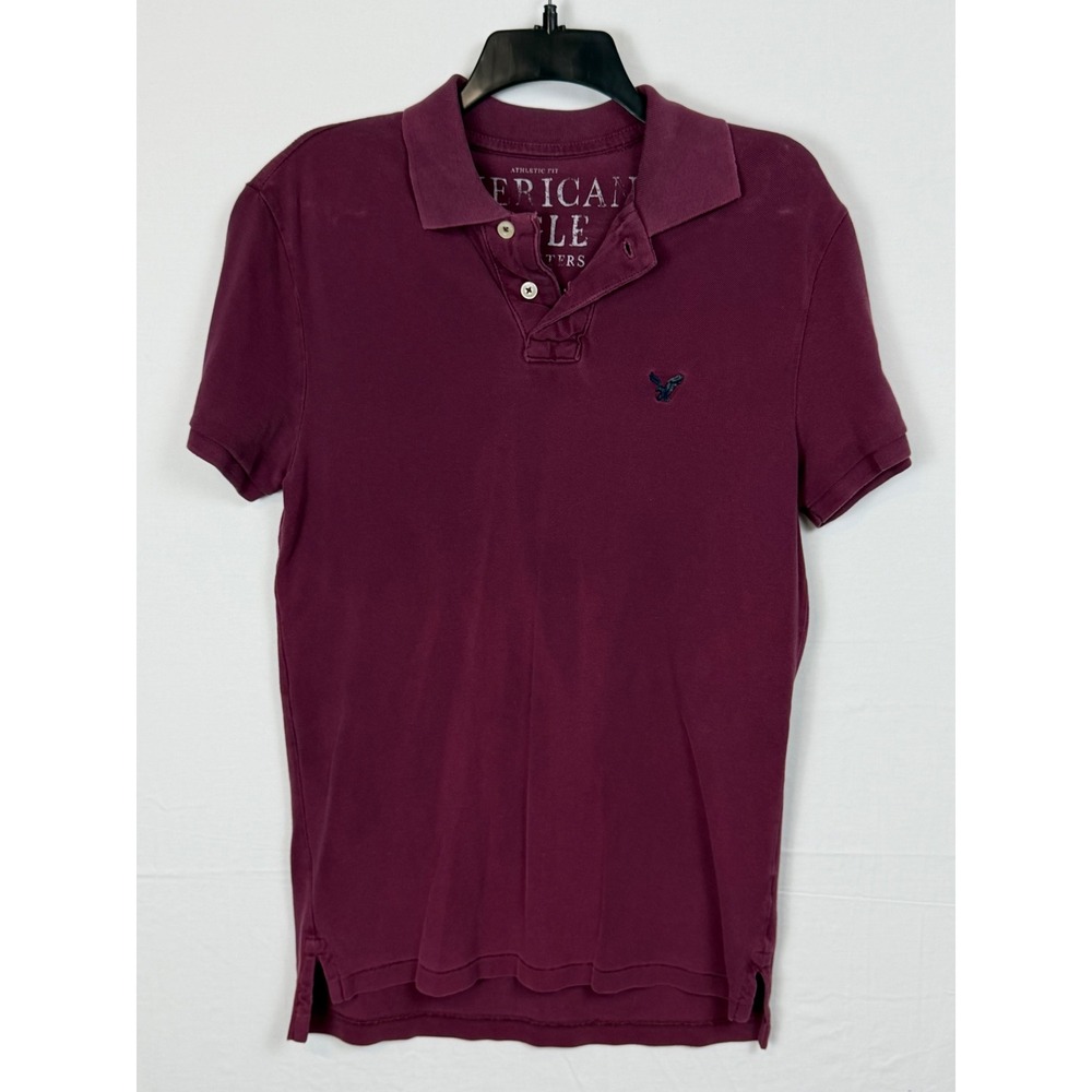 American Eagle Men 100% Cotton Polo S Burgundy Athletic Fit Short Sleeve Shirt